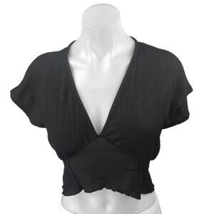 Zara Black Crinkled Gauze Short Flutter Sleeve V-Neck Smocked Crop Blouse Top S